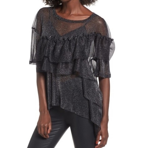 BP - Ruffle Black Metallic Mesh Tee - Picture 1 of 5
